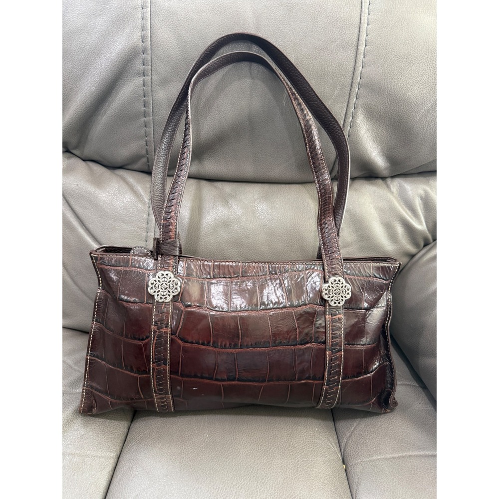 Brighton Brown Croc Embossed Leather Shoulder Bag Silver Heart‎ Charm D674956